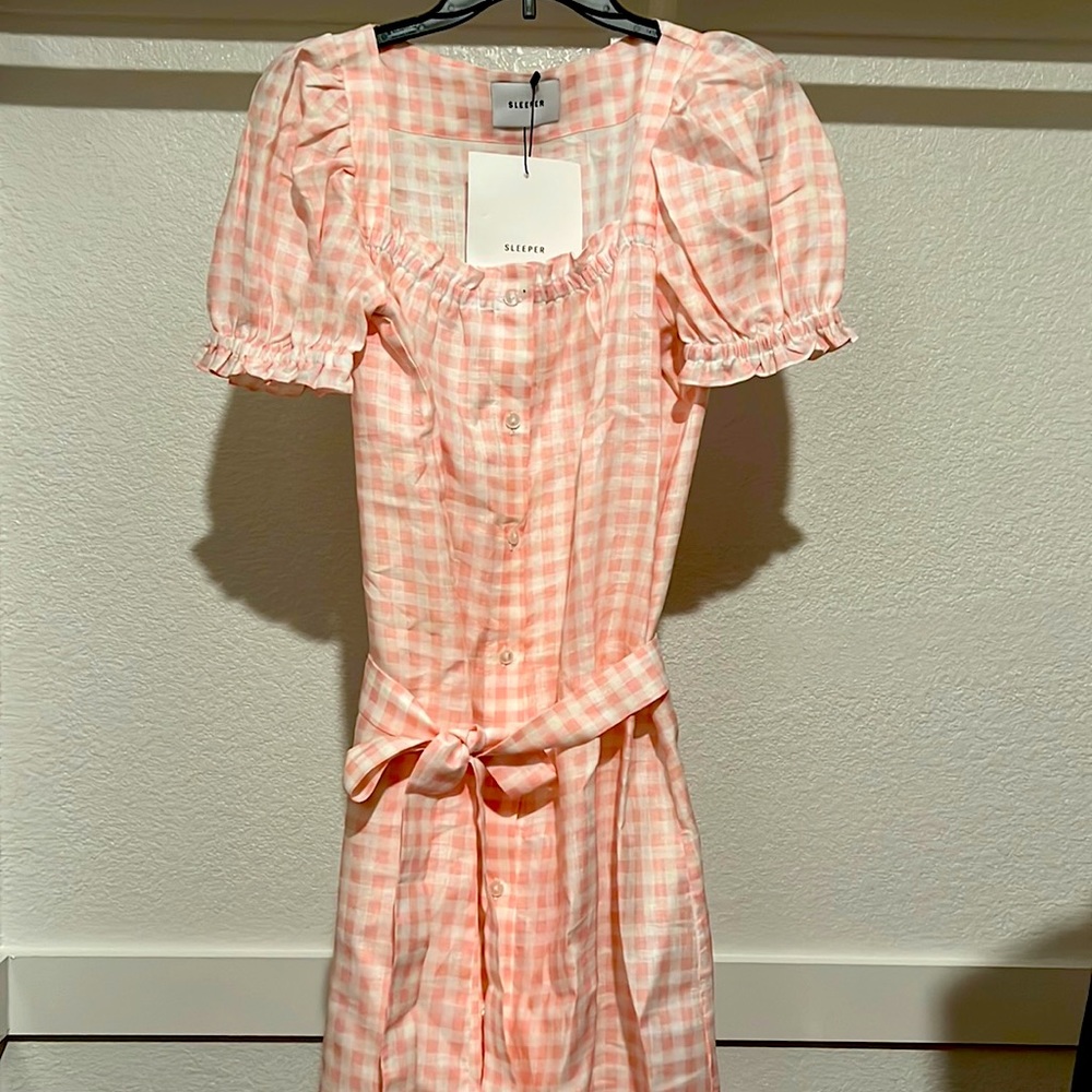 Women's Brigitte Midi Linen Dress, Pink Vichy